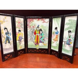 Vintage‎ Chinese Marble Panel Folding Table Screen 5 Panel Wood Frame